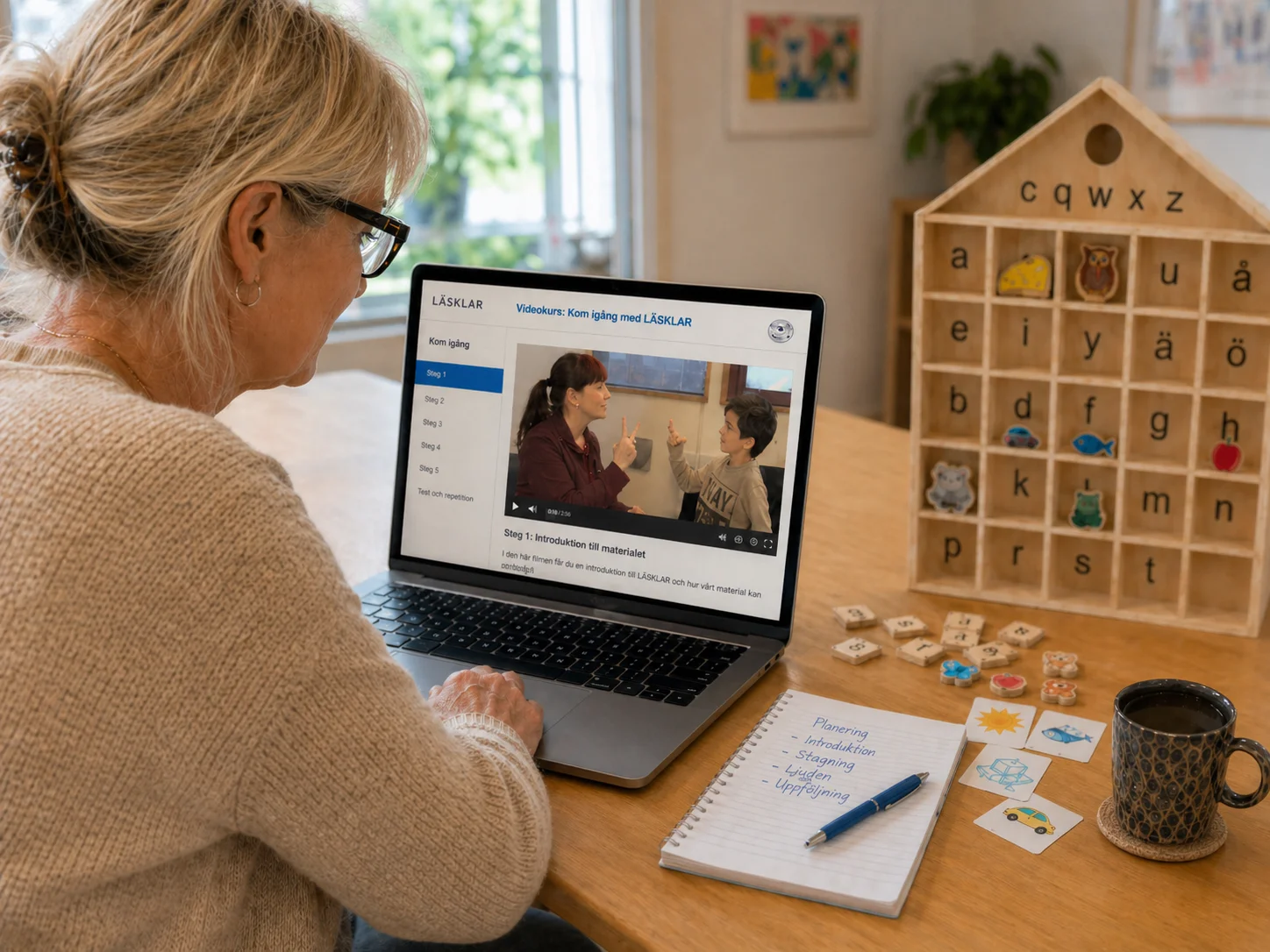 Pedagog tittar på Läsklar videokurs på laptop med material på bordet