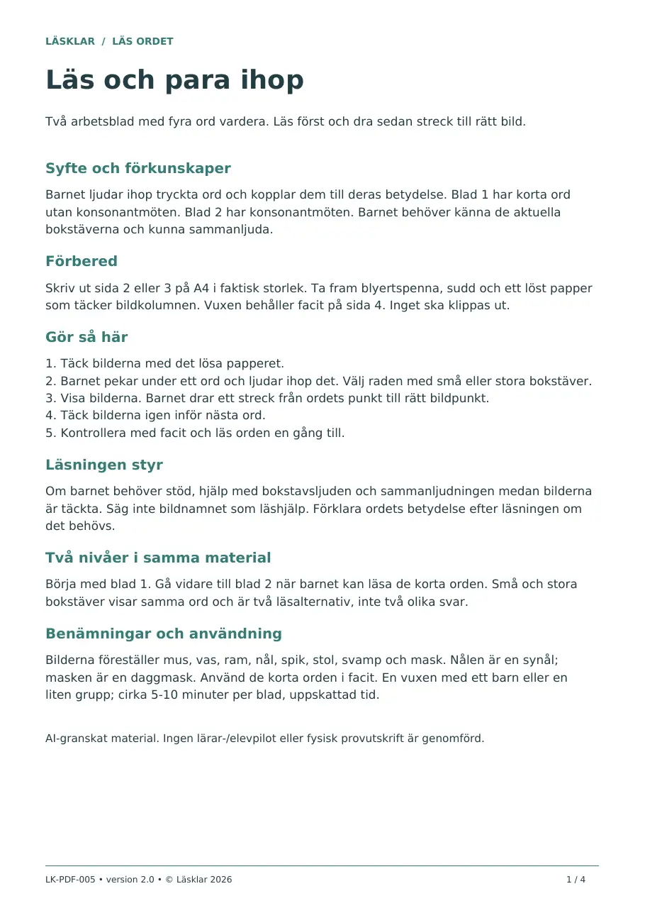 Sida 1 av 4 – elevbladet Läs och para ihop