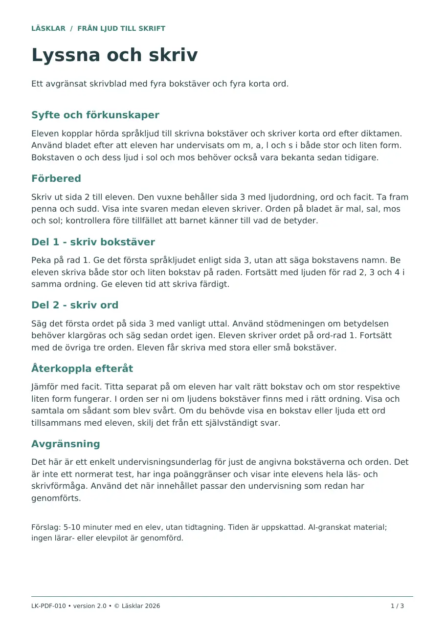 Sida 1 av 3 – elevbladet Lyssna och skriv – fyra bokstäver