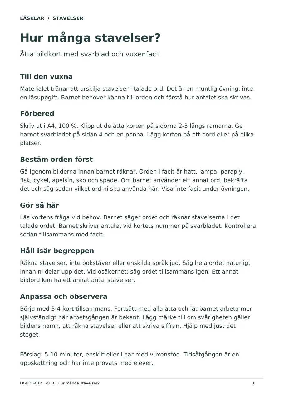 Sida 1 av 5 – elevbladet Hur många stavelser? – åtta bildkort