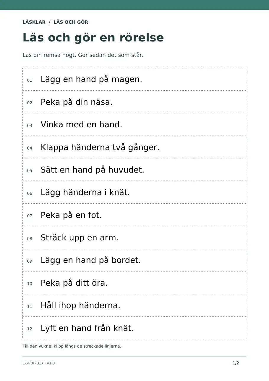 Förhandsvisning av elevbladet Läs och gör en rörelse