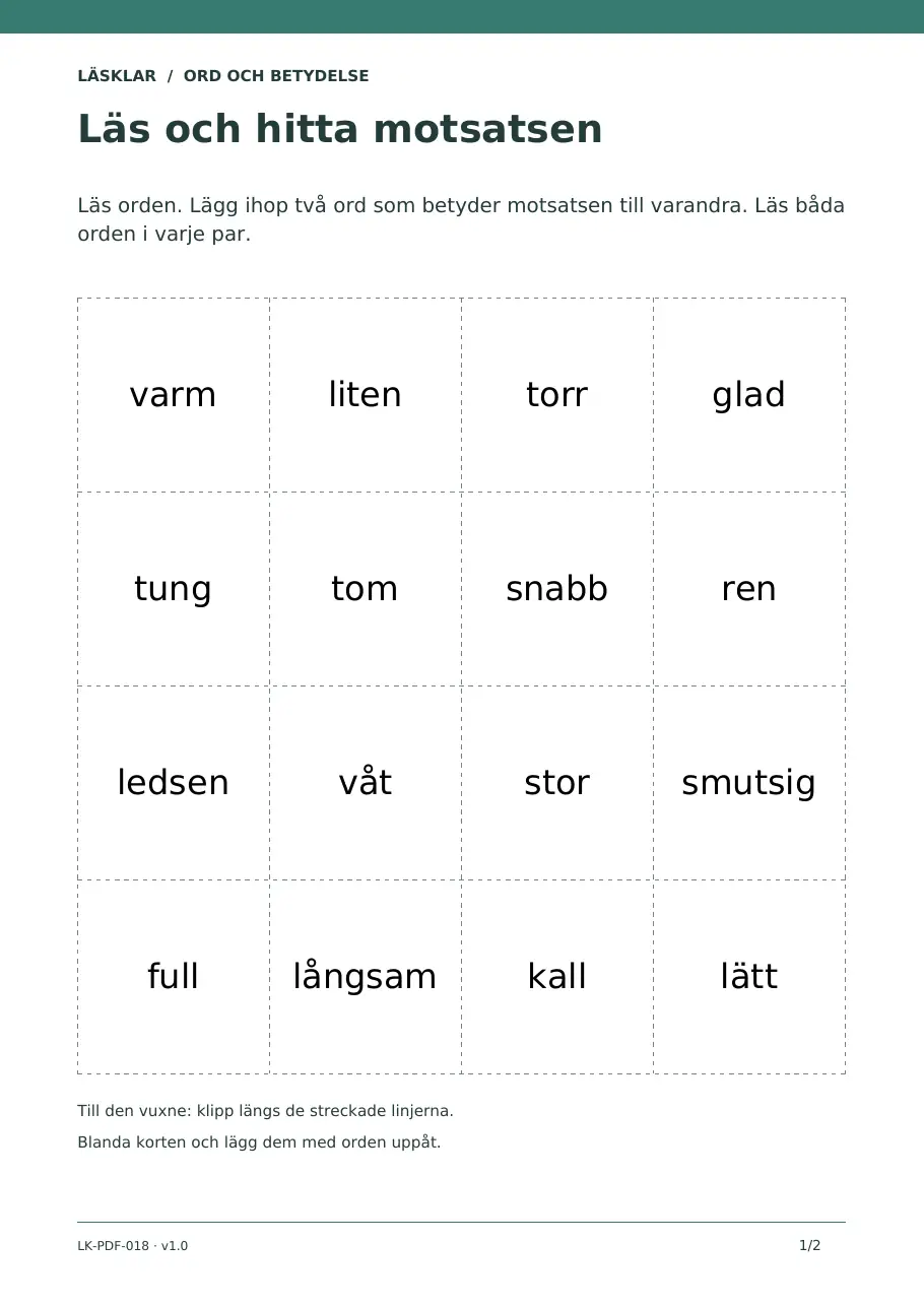 Förhandsvisning av elevbladet Läs och hitta motsatsen