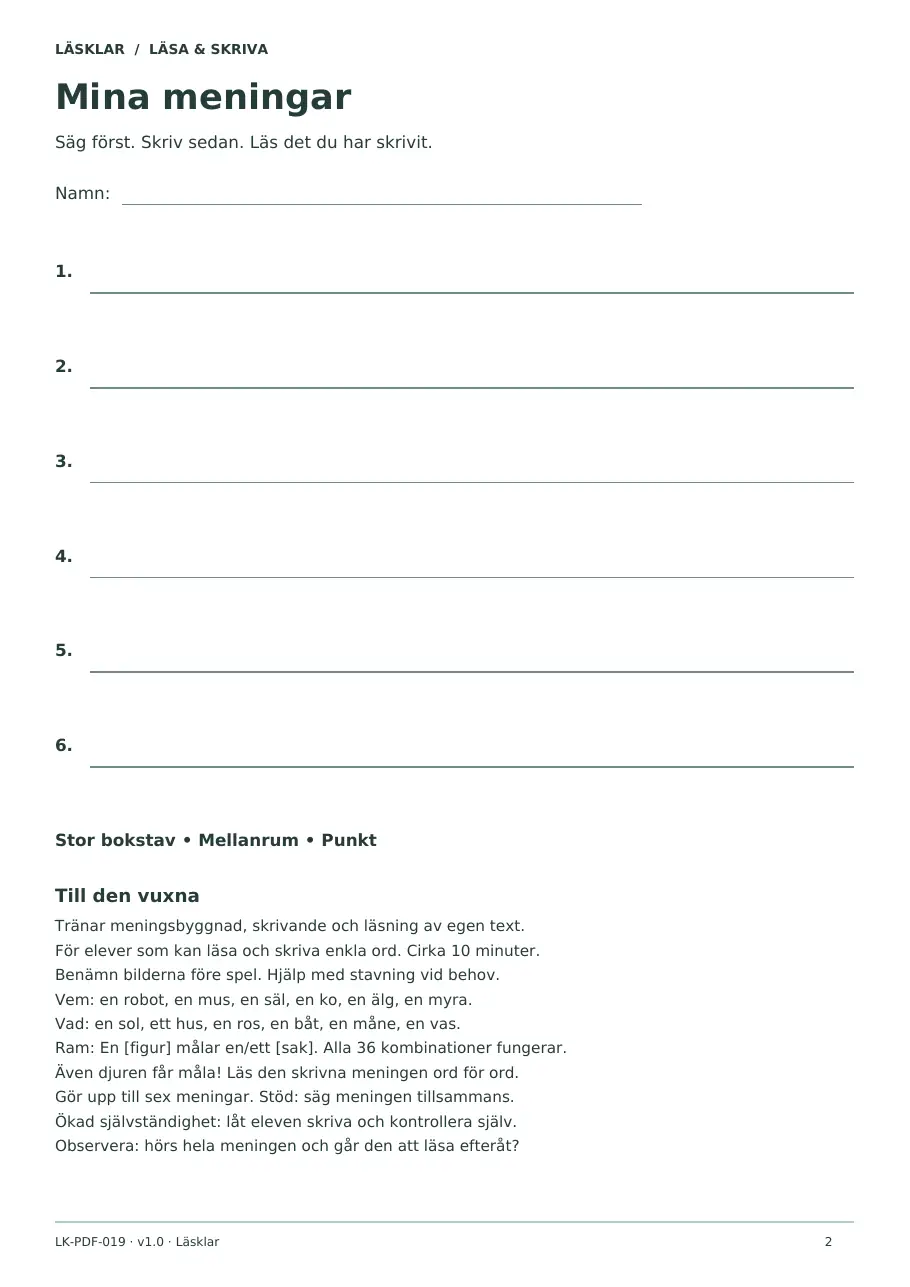 Sida 2 av 2 – elevbladet Slå två gånger – skriv en mening