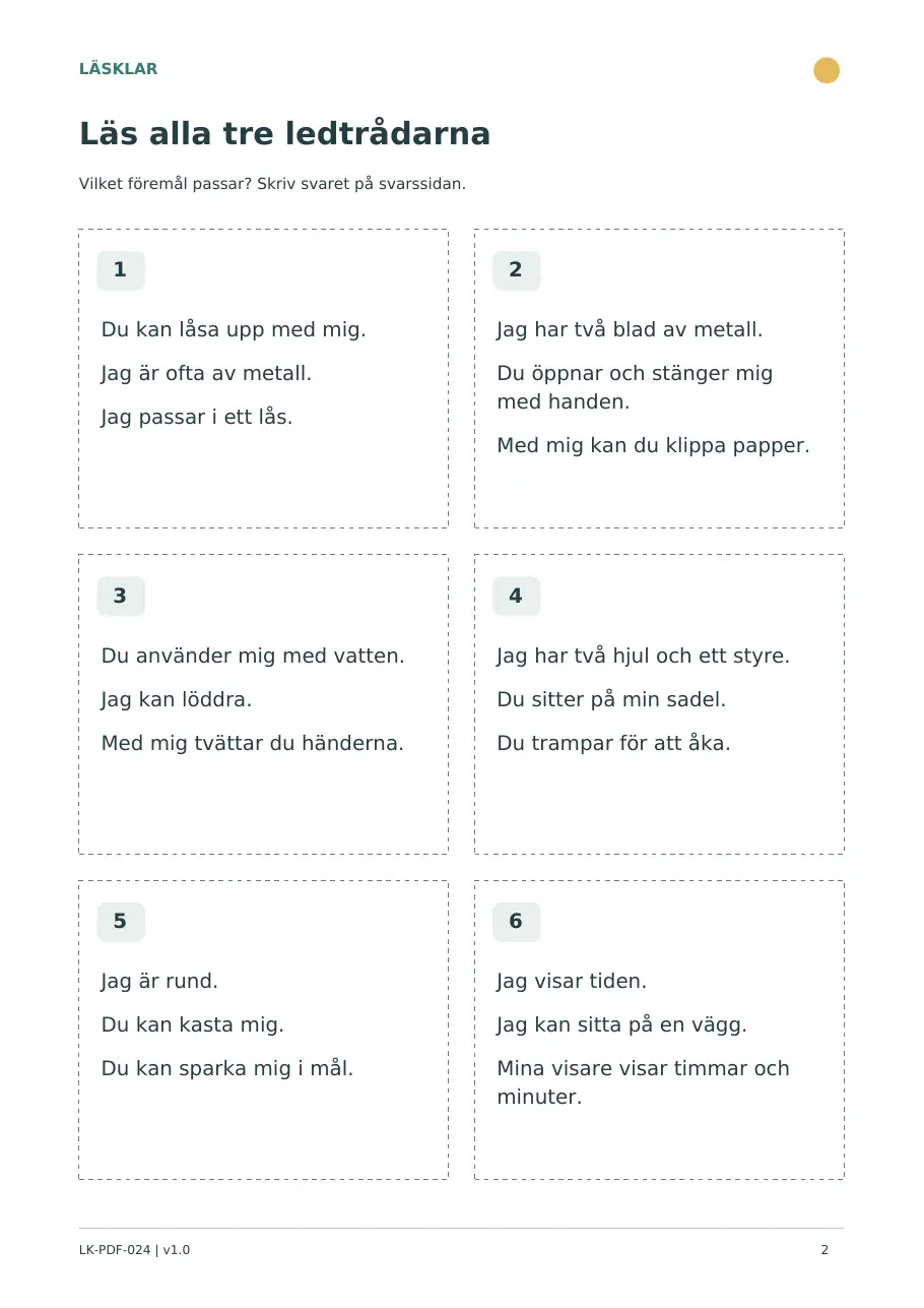 Sida 2 av 3 – elevbladet Läs ledtrådarna – vilket föremål?