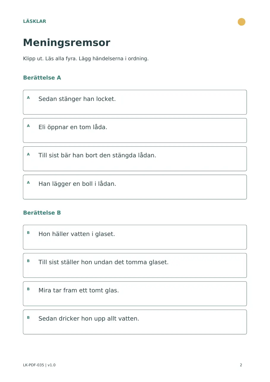 Förhandsvisning av elevbladet Läs och ordna händelserna